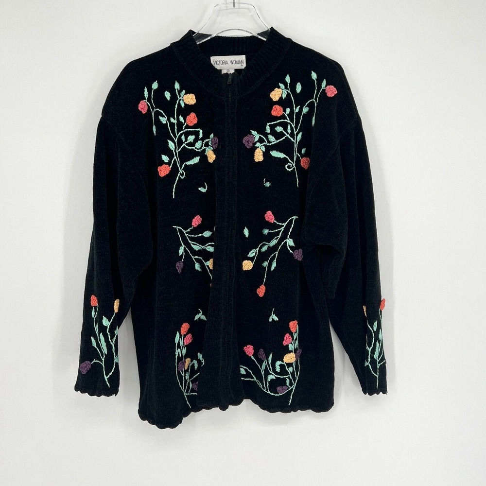 Vtg Victoria Woman Jacket Women 2X Floral‎ Embroidered Chenille Cottage Black